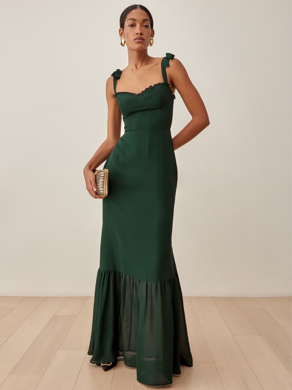 Reformation 4P Jasen Ruffled Georgette Forest Green Maxi Dress